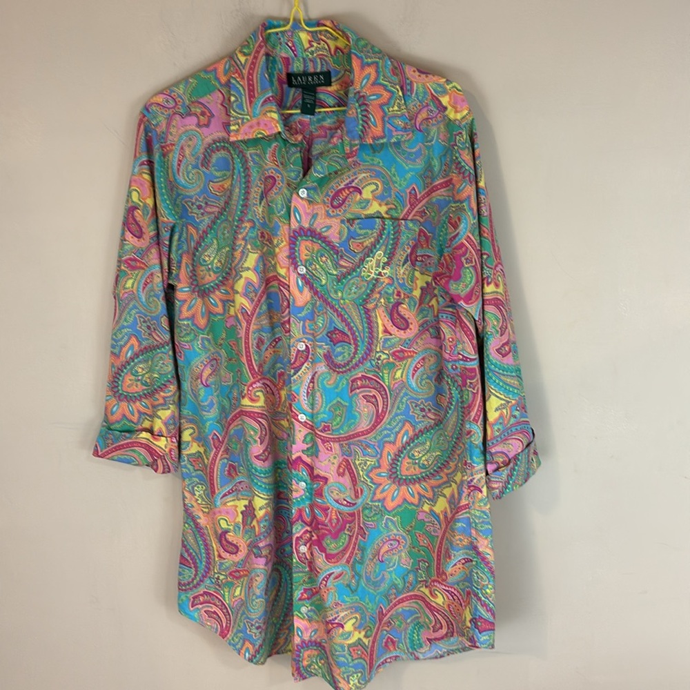 LRL Paisley Print Button Front Cotton Nightshirt Nightgown Size Small